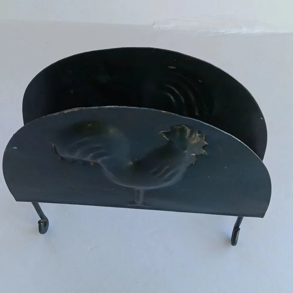 Farmhouse Napkin Metal Holder w/Toile Napkins Imprinted Rooster Primitive